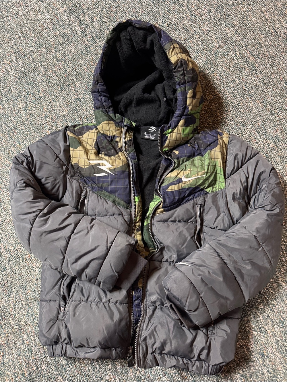 Nike Kids Gray Puffer Jacket with Camo Hood
